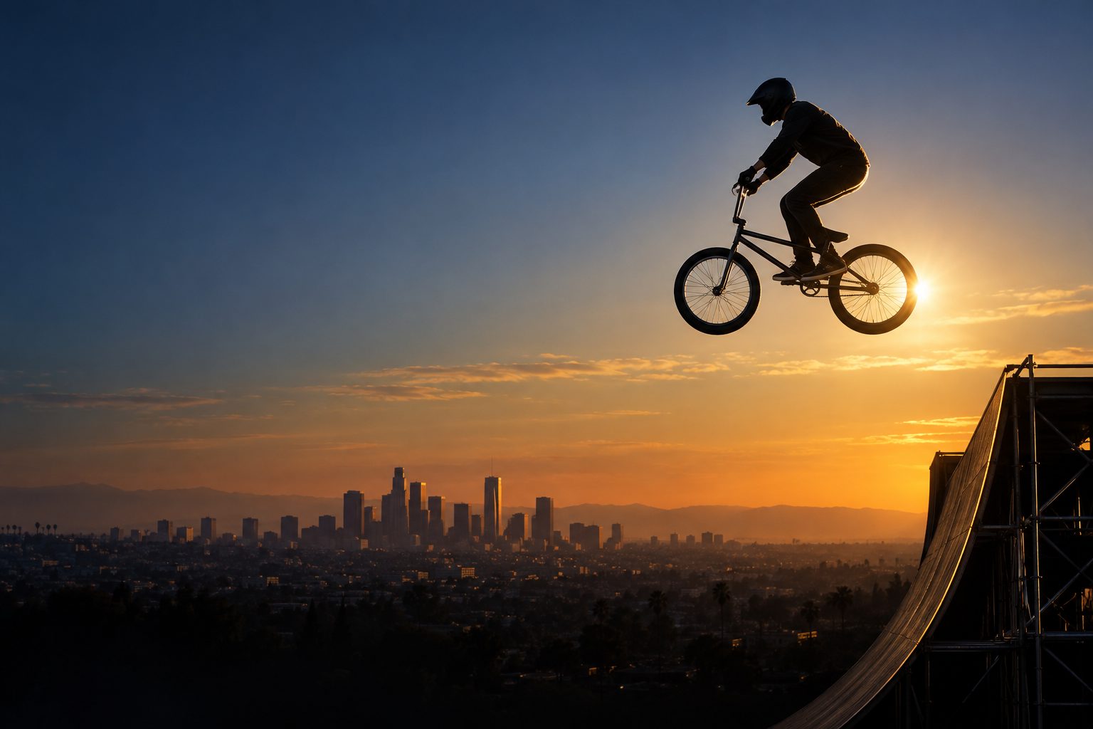 A BMX rider in silhouette flying a straight, high air off a giant scaffold ramp at sunset