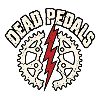 Fictional punk band: DEAD PEDALS over a cracked chainring split by a red bolt.
