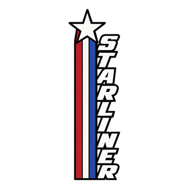 Red, white and royal stripes with a star and STARLINER down the leg.