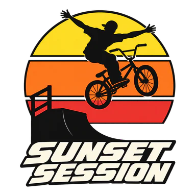 Striped retro sunset, a rider no-handing over a quarter pipe, SUNSET SESSION.